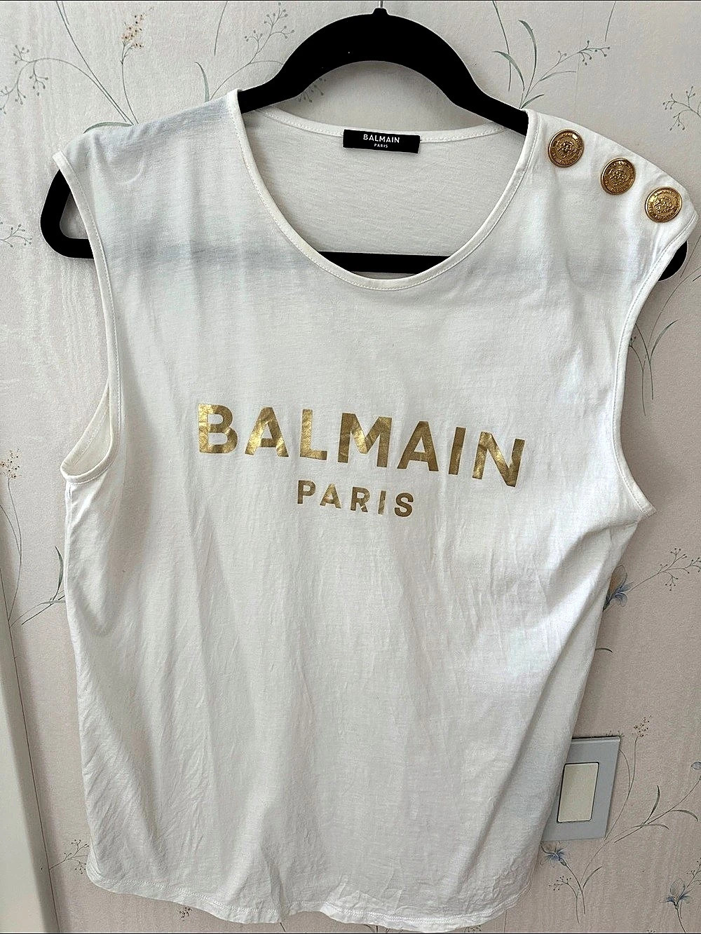 Balmain Paris Logo Print Sleeveless Tank Top with Gold Buttons M